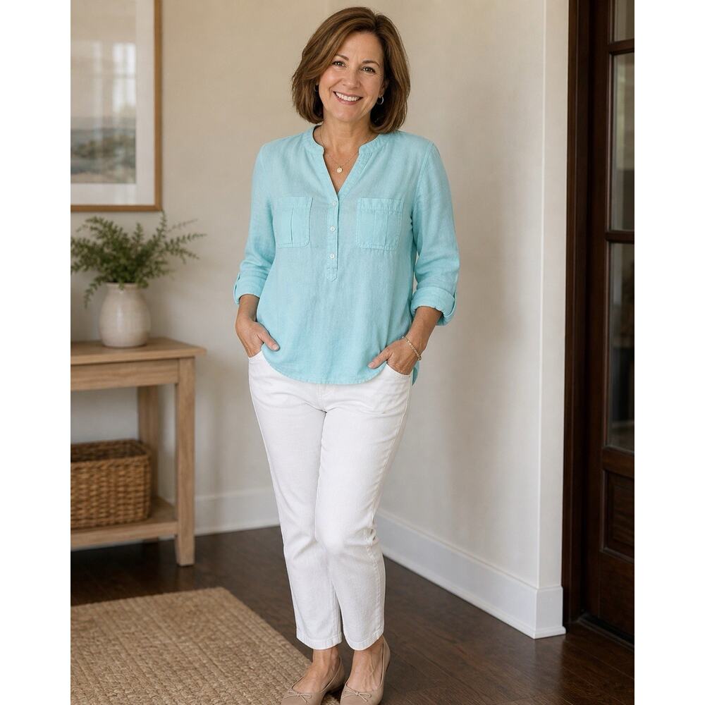 Talbot Linen Petite Med Roll Tab Sleeve Split Neck Lightweight Top Classic